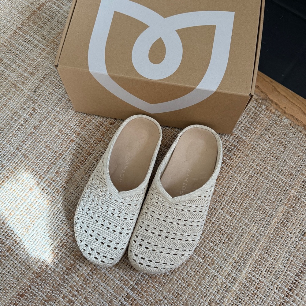 Rothys Cream Crochet Slip-On Clog Shoes NEW